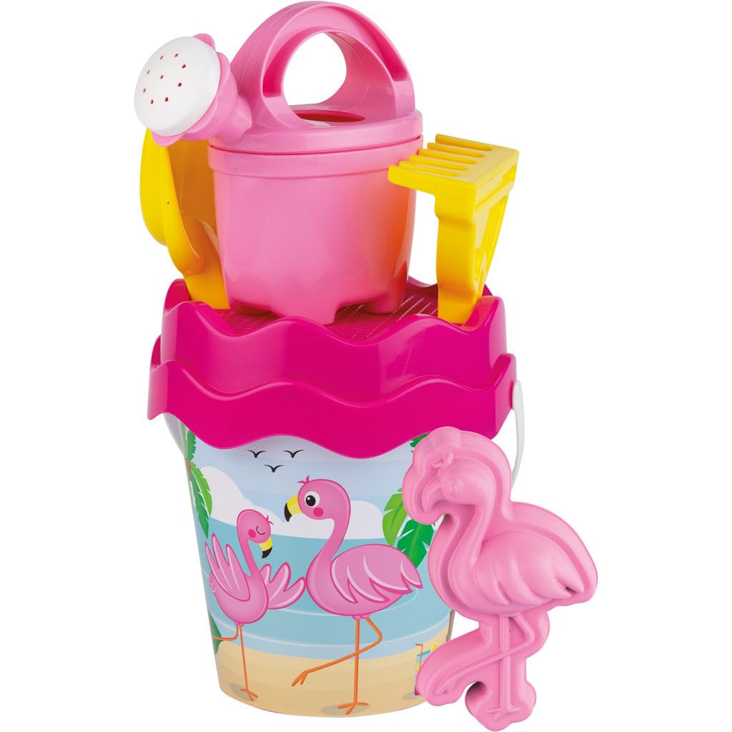 Simba Flamingo 107114406 Bucket Set, 6 Pieces, Bucket, Strainer, Sand Mould, Shovel, Rake, Watering Can, Height 16 cm, Diameter 17 cm