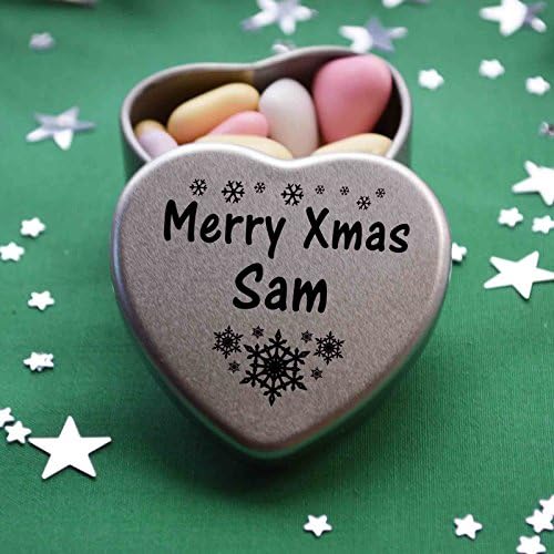 Merry Xmas Sam Heart Shaped Mini Tin Gift filled with mini coloured chocolates perfect christmas present card alternative for Sam Fun Festive Snowflakes Design