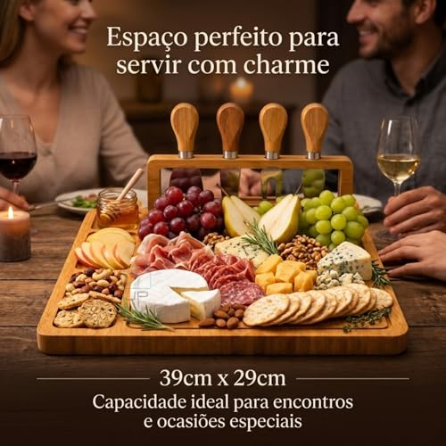 Tábua de Frios Petisqueira Bambu com Kit 4 Facas e Suporte | Tábua para Queijos Aperitivos e Servir | Bandeja Gourmet Premium 39x29cm
