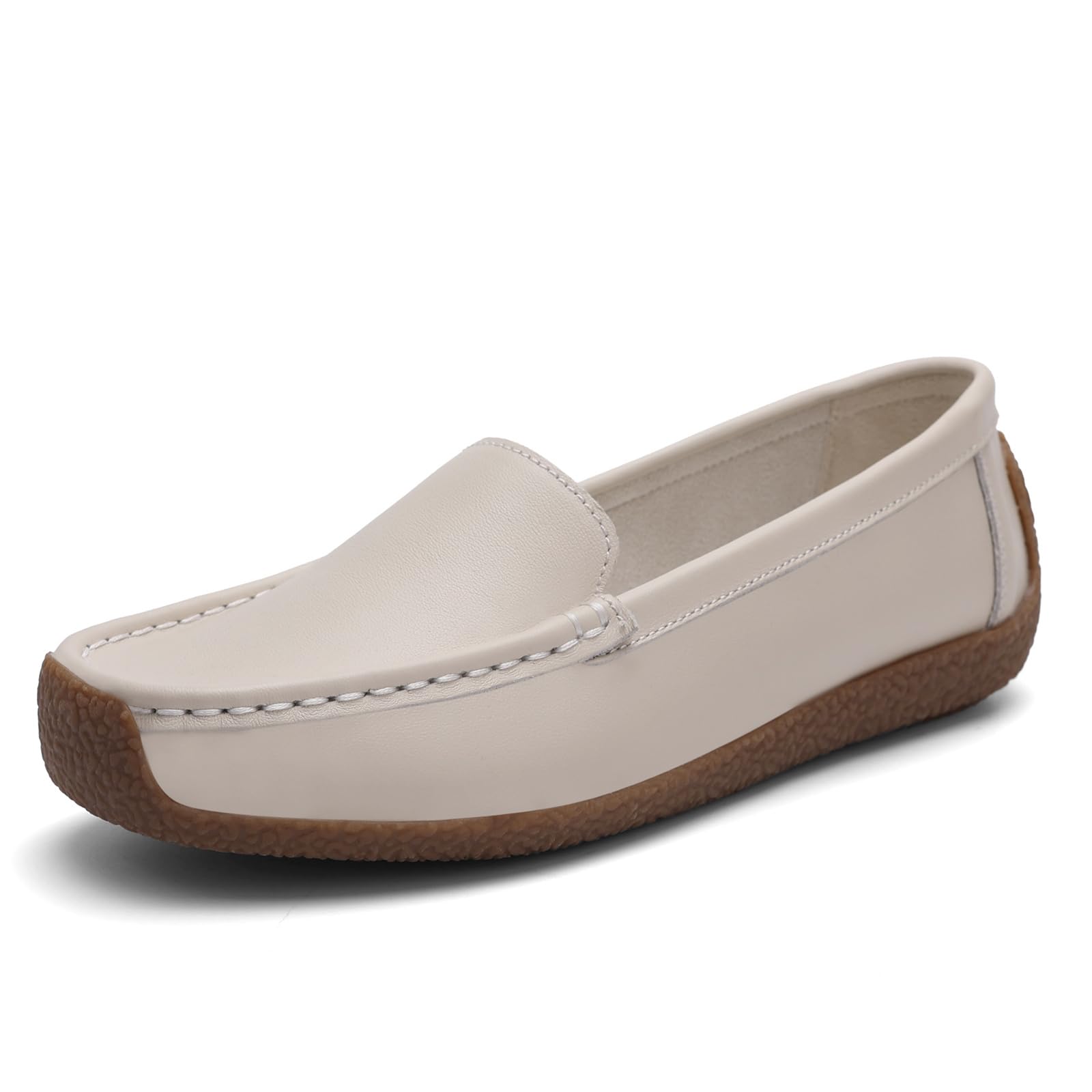 hikwuz Women's Comfortable & Lightweight Leather Loafers Driving Walking Moccasins Penny Loafer Cute Business Casual Dress Shoes Slip On Work Flats for Women Beige