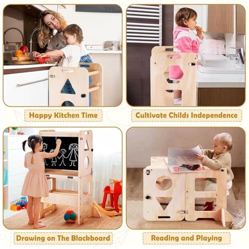 Toddler Kitchen Step Stool, Foldable Kid Learning Standing Tower with Blackboard, 4-in-1 Wooden Stool Helper for Kids, Natural 43 * 32 * 88Cm
