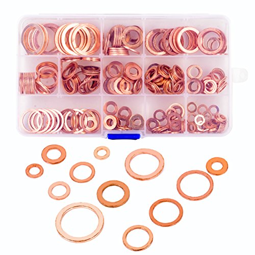 Migiwata Metric Round Solid Flat Copper Washer Ring Sump Plug Oil Seal Assorted Set of 280PCS in 12 Sizes M5-M20 with Reusable Plastic Case for Automotive and Small Engine Repairs