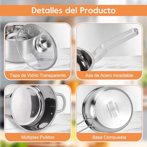 MEKOTRIN Cookware Set 8 Pieces 304 Stainless Steel, Induction Pots and Pans Set with Glass Lids, Multi-Layer Saucepans for All Kitchens, Easy Cleaning