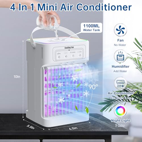 Portable Air Conditioner Cooling Fan, 1100ML Air Conditioning Unit with 3 Wind Speeds, Personal Air Cooler Fan with 7 LED Light, 2-8 Adjustable Timer, 3 Cool Mist Modes Ice Fan for Bedroom Car Office