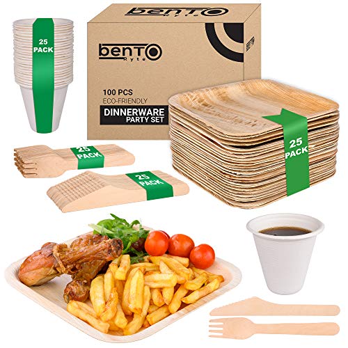 100pcs Party Disposable Set - 25 8" Areca Palm Leaf Plates, 25 Wooden Knives, 25 Wooden Forks, 25 Bagasse 8oz Cups | Better than Bamboo | Natural and Eco Friendly | 100% Biodegradable and Compostable