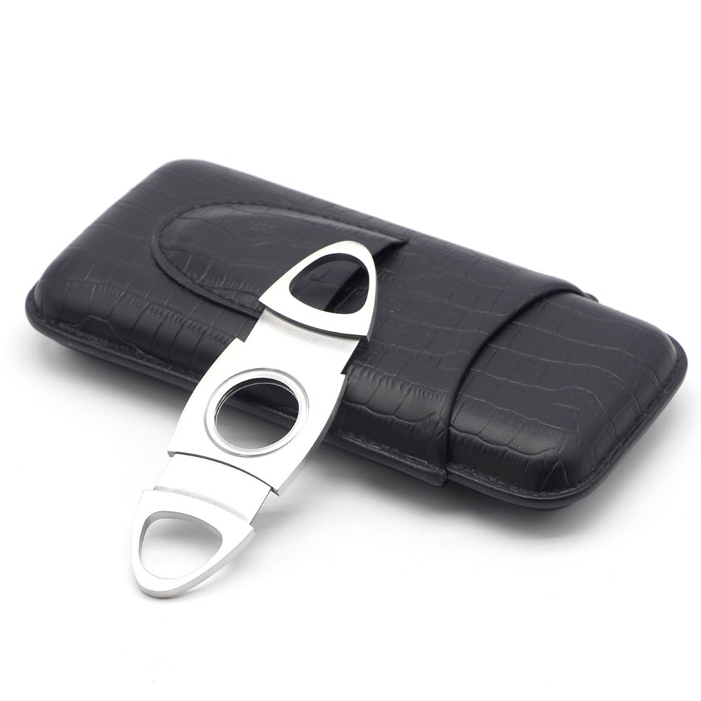 GALINER 3ct Cigar Case, Genuine Leather Cigar Travel Case Humidor with Cigar Cutter (Black)