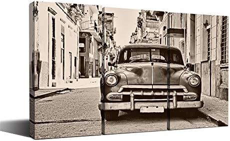 Sea Charm Retro Canvas Wall Art Vintage Classic American Car Parked in Street of Old Havana Picture Giclee Print Stretched and Framed Home Decor Wall Decoration -16"x32"x3pcs