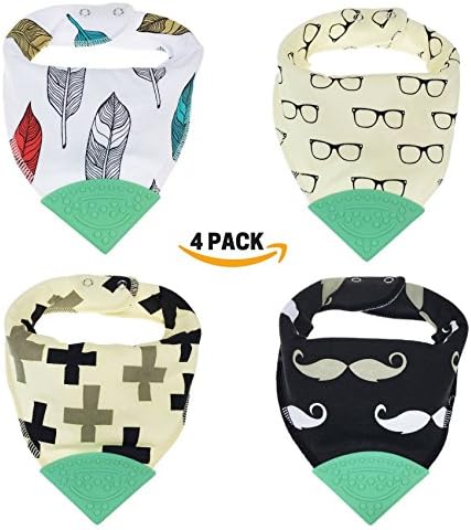 Honey Molly Baby Bandana Teething Bibs for Boys and Girls 4 Pack with Attached BPA-Free Silicone Teether -Unisex Bandana Bibs with Adjustable Snap for Teething -100% Organic Cotton (White/Green)