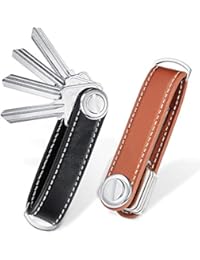 2 Sets Leather Key Organizer Compact Key Holder Folding Pocket Key Holder up to 16 Keys (Black, Brown)