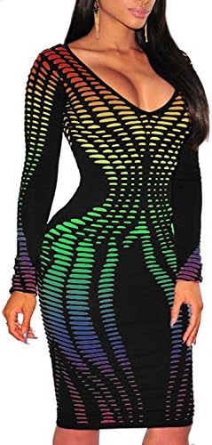 Pretid Women Deep V Stripe Print Slim Fit Bodycon Stretchy Club Cocktail Dress
