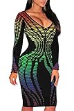 Pretid Women Deep V Stripe Print Slim Fit Bodycon Stretchy Club Cocktail Dress