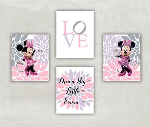 Minnie Mouse Love and flowers with Personalized name - Set of 4 Prints (Unframed)