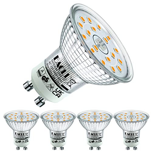 EACLL GU10 LED, Warm White, 4.9 W, Replaces 70 W Halogen Bulbs, Pack of 4, 515 Lumens 2700K Bulbs, AC 230 V, Flicker-Free Spotlight, Beam Angle 120°, Non-Dimmable Reflector Lamps