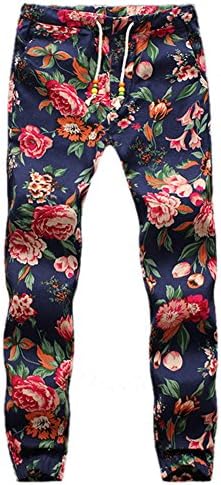 Men's Casual Linen Cotton Print Drawstring Cropped Harem Jogger Pants Blue 3XL