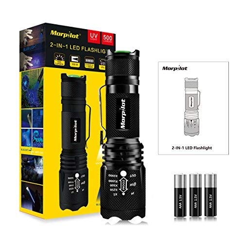 Morpilot 2 in 1 UV Tactical Flashlight Urine Detector, Upgrade 500LM Bright 4 Modes Handheld Flashlight with 395NM Ultraviolet Black Light for Spot Carpet Pet Urine Stain Catch Scorpions
