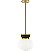 Lark Lucy Small Pendant - Classic Schoolhouse Style, 1-Light, Cased Opal Glass Shade - Black with Lacquered Brass Accents