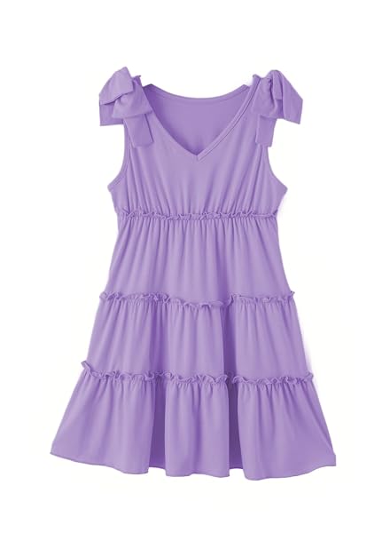 BLIBEAN TWEEN GIRLS SUMMMER DRESSES BIG KID BOHO TIERED CASUAL SOLID COLOR BEACH BOW SLEEVELESS SUNDRESS DRESSY CUTE RUFFLE OUTFITS SIZE 6-7 YEAR OLD LILAC PURPLE