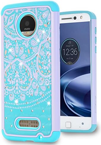 Moto Z / Moto Z Droid Case, [ Fashion ]Crystal Diamond Shell Shock Absorbing Soft Rubber Inner Hybrid Armor Protection Cover [Does Not work with Moto Z Force Edition, Moto Z Play Edition](Blue Flower)