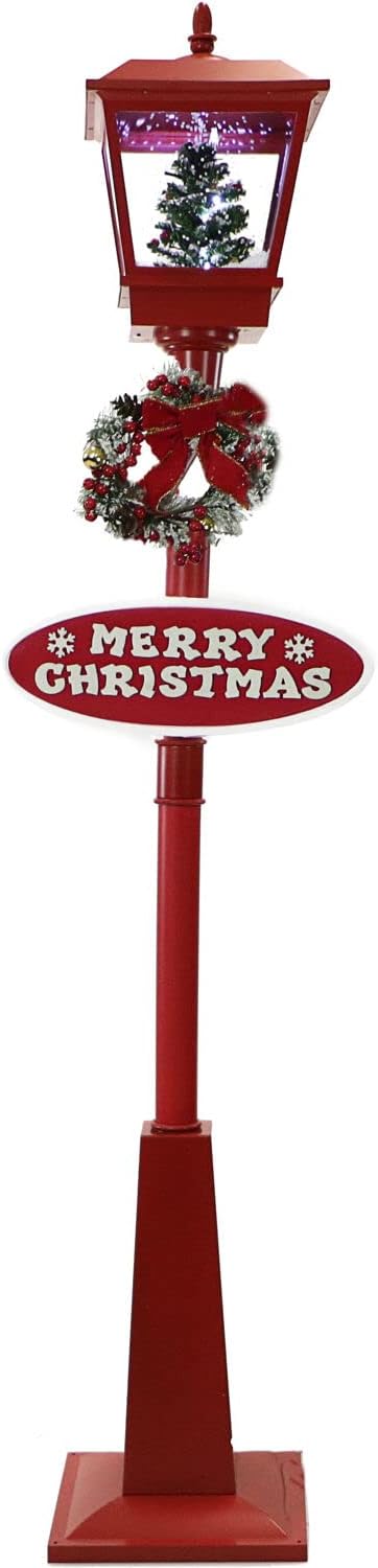 Snow Globes - Fraser Hill Farm Let It Snow Series 71-in. Musical Street Lamp with Christmas Tree Scene | 2 Festive Signs | Cascading Snow | Christmas Carols | Holiday Home Decor | Red | FSSL071A-RD2