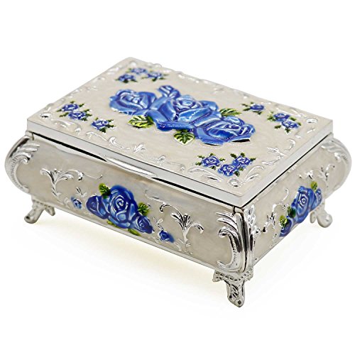 AVESON Luxury Vintage Rectangular Metal Alloy Jewelry Box Organizer Storage Box Ring Trinket Case for Women Girls, Christmas Birthday Gift, Medium, Silver & Navy Blue