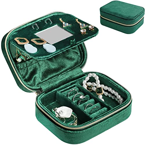 ProCase Plush Velvet Jewelry Boxes, Compact Travel Jewelry Organizer Small Jewellery Box for Women, Zippered Portable Jewelry Storage Case with Mirror for Traveling Daily Use -Emerald
