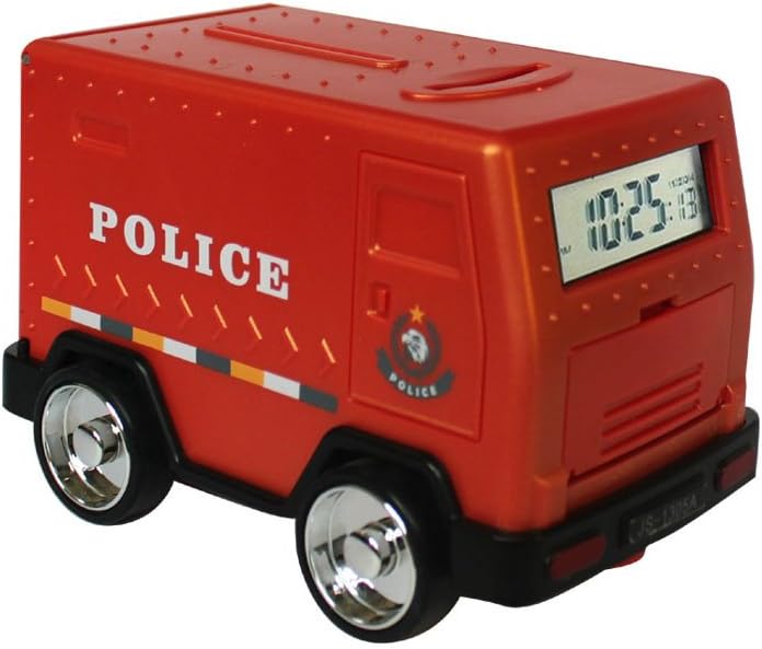 Mydears Armored Car Piggy Bank Password Electronic Smart Money Bank Cash Coin Safe Saving Box ATM Bank Safe Locks Funny Alarm Clock Money Piggy Box for Children From (Red police car)