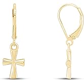 Small Cross Dangle Earrings for Women, 14K Gold Plated 925 Sterling Silver Lever-Back Drop Earrings, Dainty Religious Jewelry Gift for Her