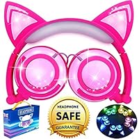 Cat Headphones, Kids Cat Ear Headphones for Girls Boys Toddler, Cat Ear Headphones with Lights Up Foldable Wired Over/On Ear Game Headsets for School Travel, Musical Audio School