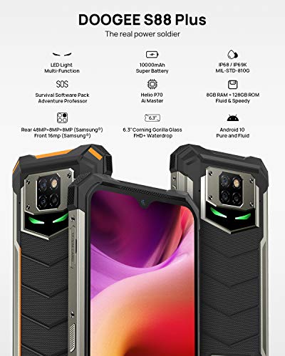 Rugged Smartphone, DOOGEE S88 Plus (Official), 10000mAh Battery, 8GB +128GB Unlocked Cell Phone, 48MP Triple Camera, IP68 Waterproof Smartphone, 4G / Android 10.0 / NFC 2021 (Orange)