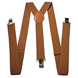 Mens Suspenders - Adjustable Solid Straight Clip - X Back Style by Mobile TrackR (Brown)