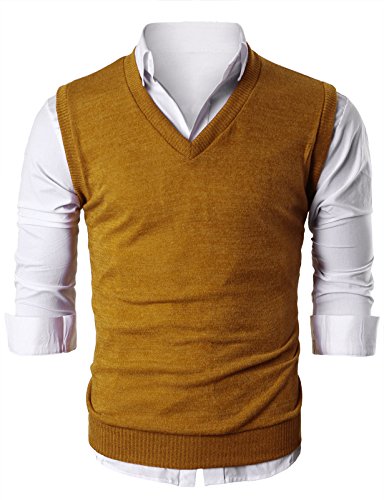 Ohoo Mens Slim Fit Casual V-Neck Knit Vest/DCV010-MUSTARD-S