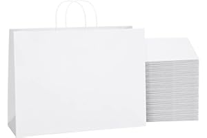 SHOPDAY White Paper Bags with Handles 16x6x12, 25 Pack Large Kraft Paper Bags Bulk, Tote Bag Shopping Bags, Paper Gift Bags, Retail Bag Merchandise Bags for Grocery Business Takeouts