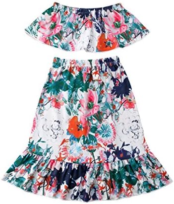 Mericiny Toddler Kids Baby Girl Off-Shoulder Tops +Flowers Long Skirts 2pcs Outfits Summer Clothes (Floral, 110(4-5Y))