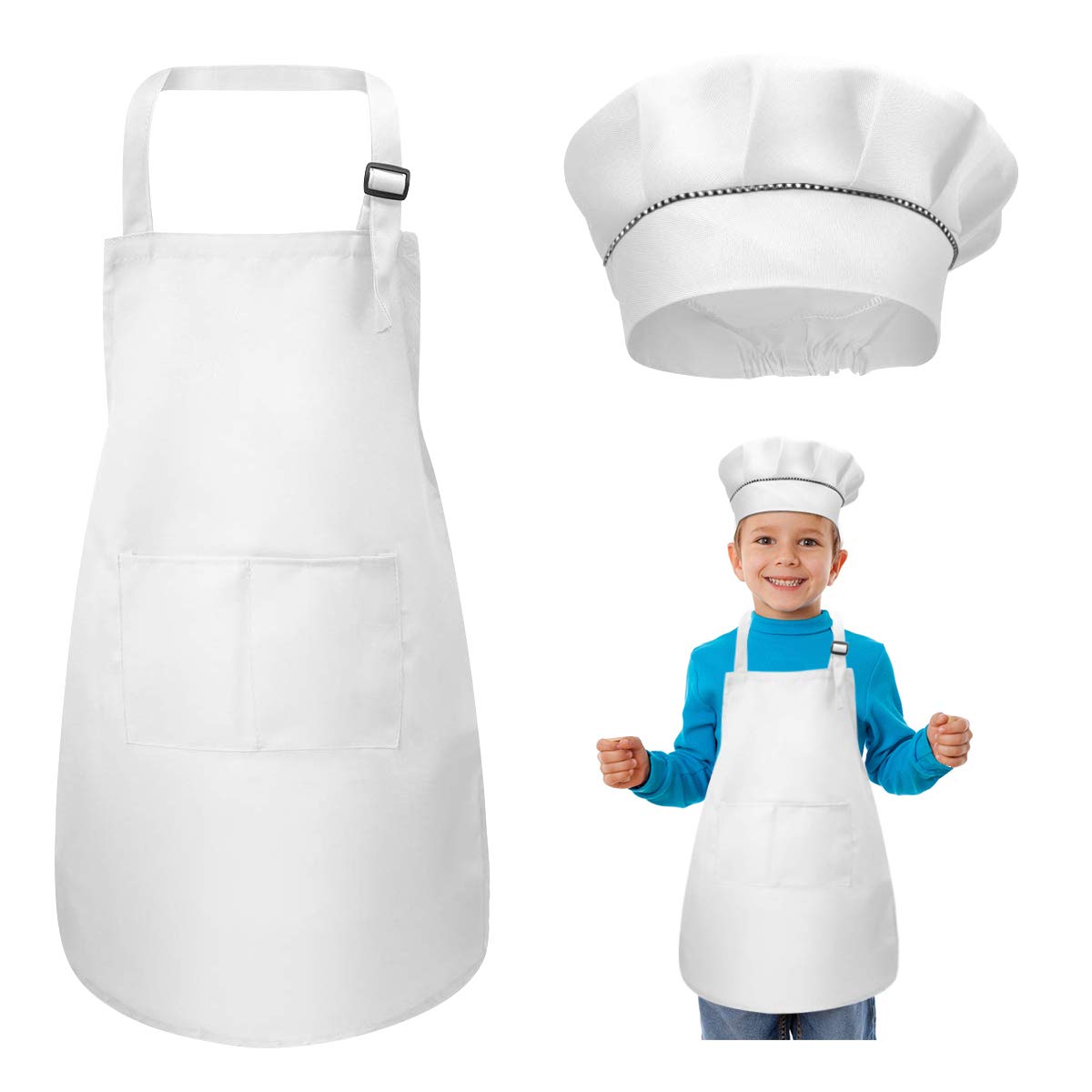 WEONE Kids Apron and Chef Hat Set, Adjustable Children Apron with 2 Pockets for Boys Girls, Toddler Chef Apron Kitchen Garden Bib Aprons for Cooking Baking Painting Crafting (7-13 Year) (White)