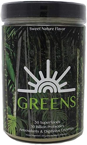 Helio Greens Powder - Great Tasting Vegan Superfood Blend with Vegetables, Herbs, Super Fruits, Digestive Enzymes, Vitamins, Minerals, 30Billion Probiotics (28 Servings)
