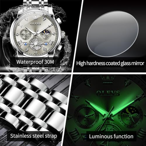 OLEVS Men Silver Watches,Men's Stainless Steel Chronograph Watch,Man Analog Quartz Big Face Male Watches Luxury Waterproof Roman Numeral Dress Diamond Relojes para Hombre