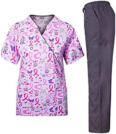 Women's Printed Scrub Sets Top &amp; Pant Sizes XS S M L XL 2XL Multiple Prints Nursing (S, Steel Grey)