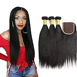 Brazilian Straight Virgin Human Hair 3 Bundles With Closure Human Hair Weave Extensions With 4X4 Lace Closure(14 16 18 with 12)