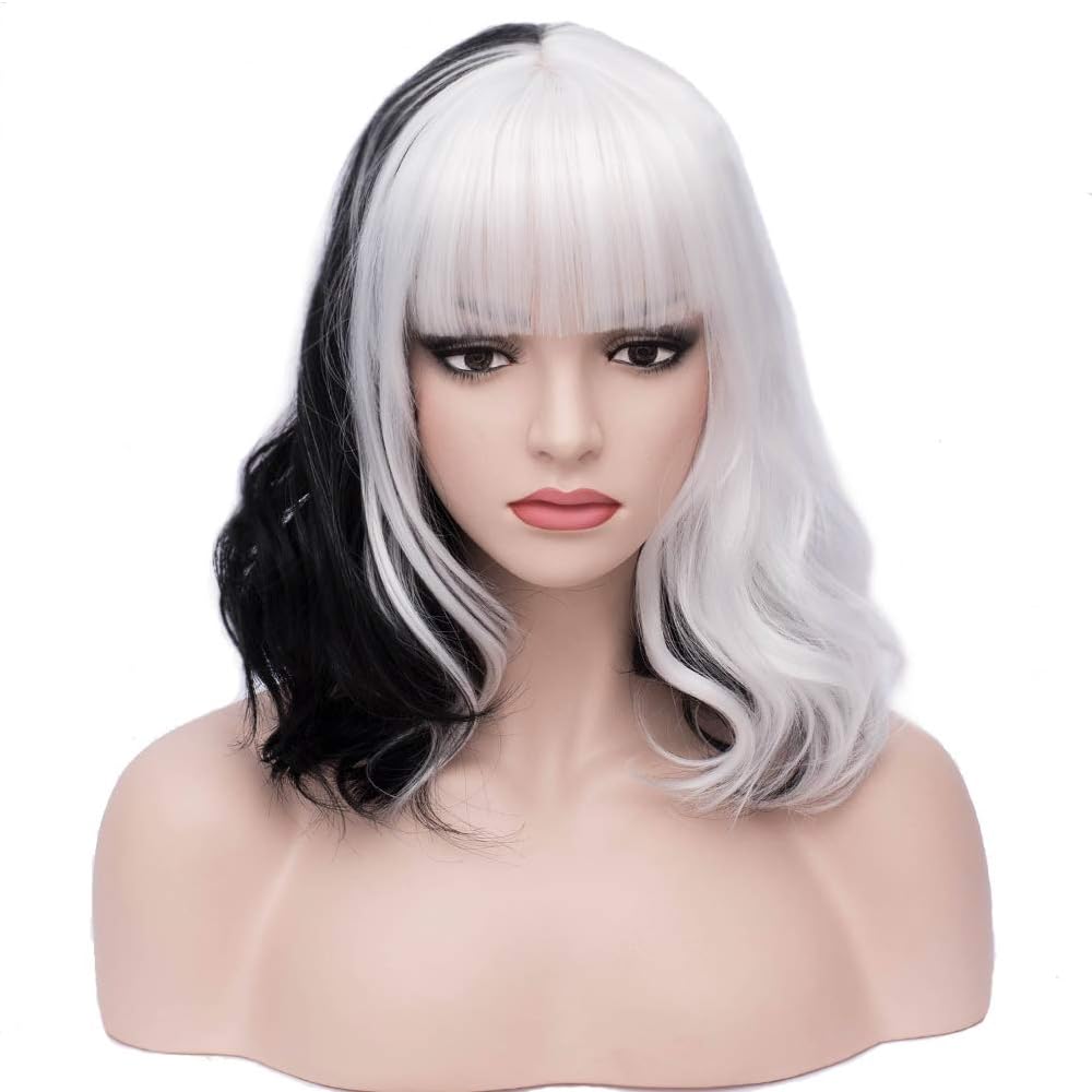 BERON 14 Inches Black White Wig Short Wavy Wig Black White Split Wigs with Bangs Bob Wig Black White Wig for Women Wig Cap Include