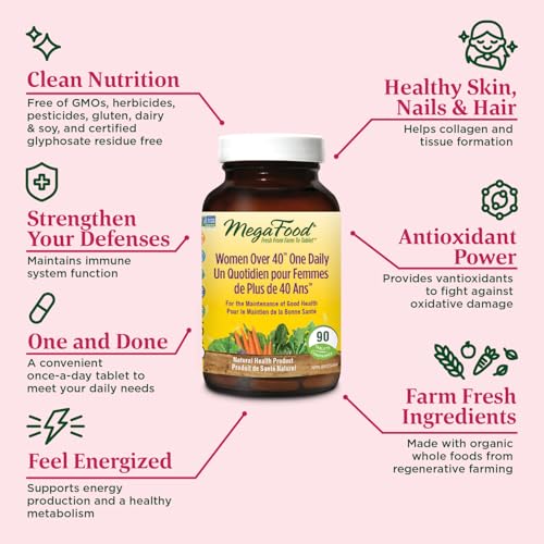 MegaFood Women's Daily Vitamins Multivitamins Supplements for Womens over 40 Plus | One a Day Woman's Health Zinc Iron Vitamin C Vegan Multivitamins and Supplements for Womens Her Adults | 90 Tablets