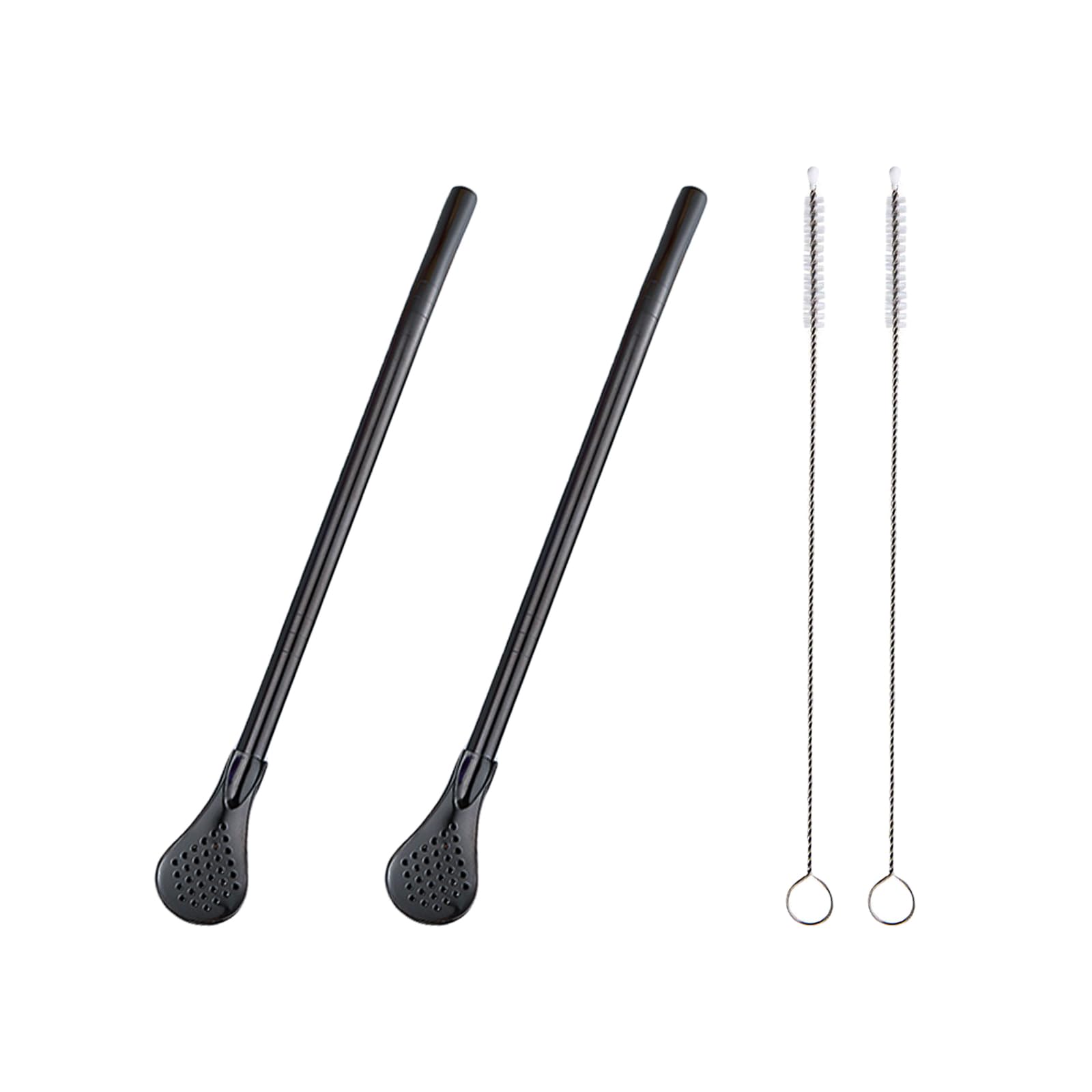 2 Pieces Stainless Steel Straw Spoon Filter with 2 Cleaning Brush, Reusable Tea Spoon for Loose Tea, Yerba Mate Straw, Metal Drinking Straws, Coffee Stirrers for Drinks Milk Beverage (Black)
