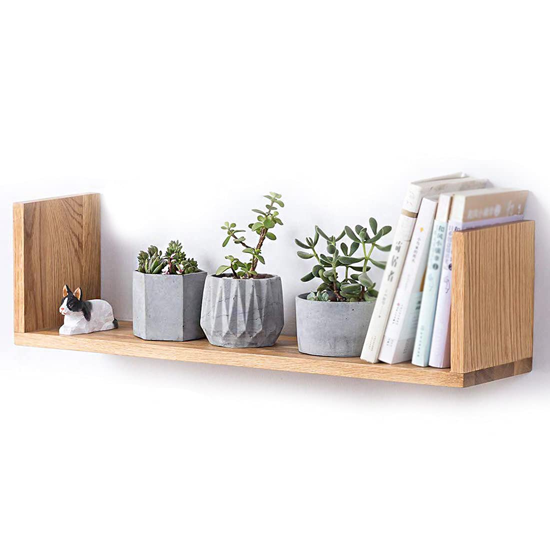 OAKERLAND Solid Oak Floating Shelf, 60CM Wooden Floating Wall Bookshelf U Shaped Display Wall Shelves for Office Home Decor Livingroom Bedroom