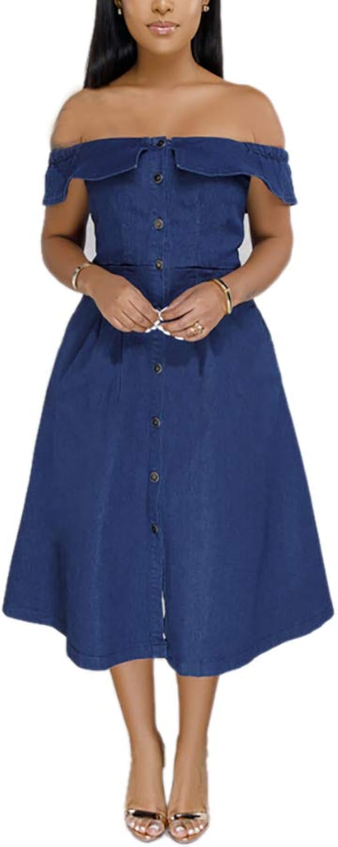 denim bardot dress
