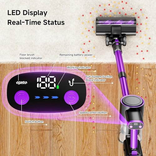 Honki Cordless Vacuum Cleaner, 500W/40Kpa Vacuum Cleaners for Home, Stick Vacuum Cordless with LED Display, Anti-Tangle & Wall Mount, 8 in 1 Lightweight Vacuum for Hard Floors Pet Hair(Purple)