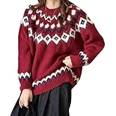 Women's Fair Isle Sweater Casual Vintage Crew Neck Knitted Sweater Cute Graphic Fall Fashion Pullover Jumper Tops