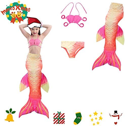 SIXONE 3PCS Girls Swimsuit Princess Mermaid Tail Beach Swimwear Set For Kids colorful With Hair Clip, Orange