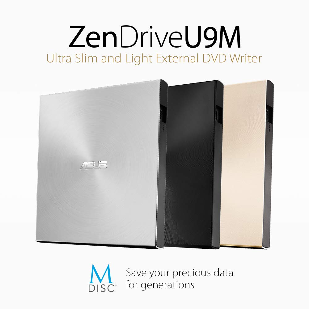 ASUS ZenDrive Silver 13mm External 8X DVD/ Burner Drive +/-RW with M-Disc Support, Compatible with both Mac & Windows and Nero BackItUp for Android devices (USB 2.0 & Type-C cables included)