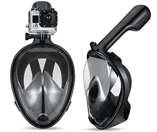 JINGOU Snorkel Mask,180 Degree Viewing Diving Mask Full Face Free Breathing Design Anti-Fog and Anti-Leak Technology with GoPro Camera Mount + Diving Snorkeling Gloves (Black, L/XL)