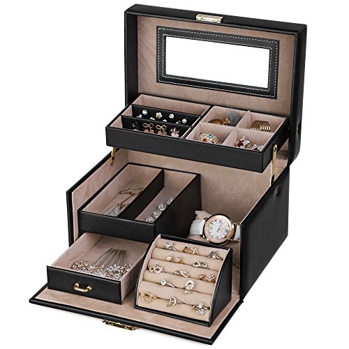 Songmics Black Leather Jewelry Box Lockable Makeup Storage