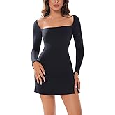 Women Square Neck Long Sleeve Club Dress Sexy Side Slit A-Line Flare Mini Short Night Out Dresses